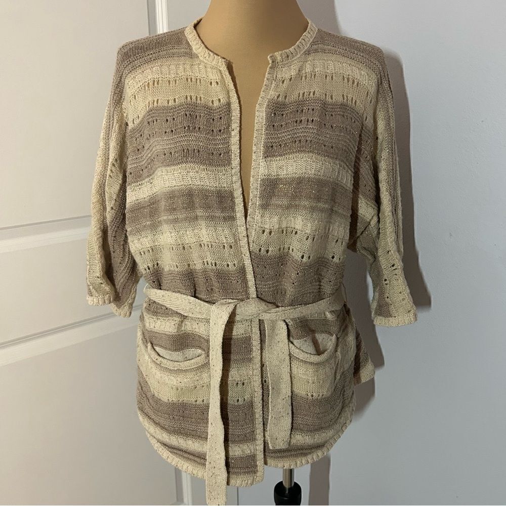 Kensie Brown and Tan Short Sleeve Sweater Cardigan with Belt
